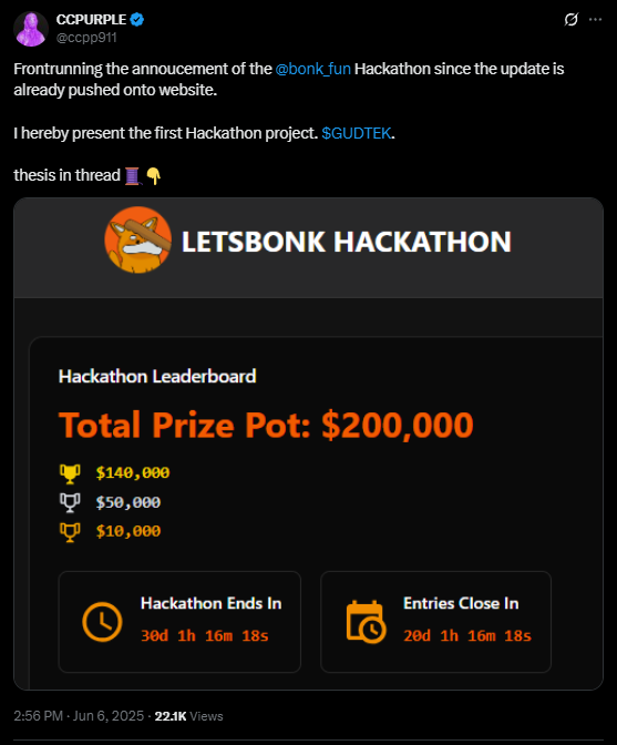 Gud Tek Hackathon Announcement on X